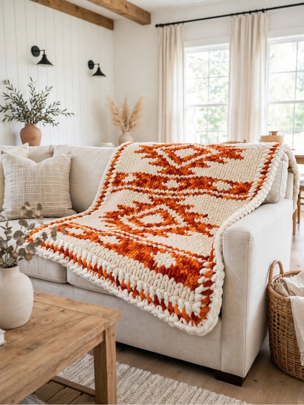 Handcrafted Cream and Orange Geometric Chunky Throw Blanket